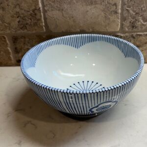 Blue and White Porcelain Rice Bowl - 7” RD Striped Floral Detail